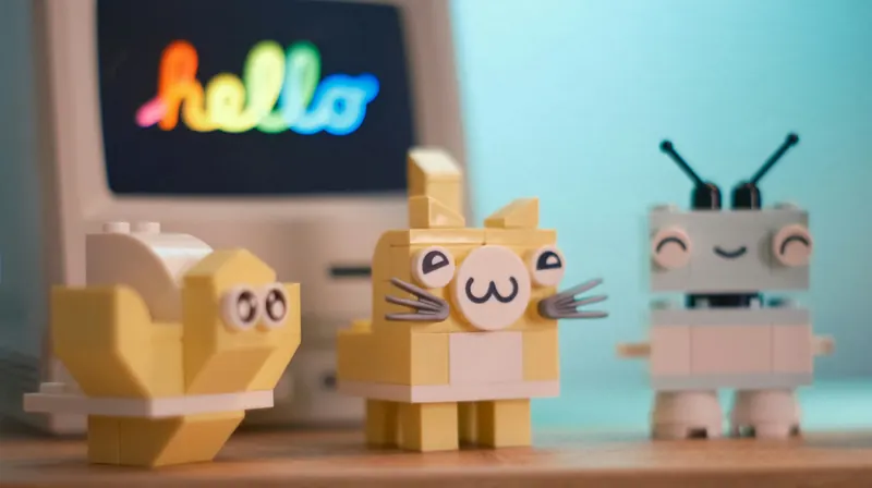 Three brick-built figures in front of an old Macintosh that says ‘hello’